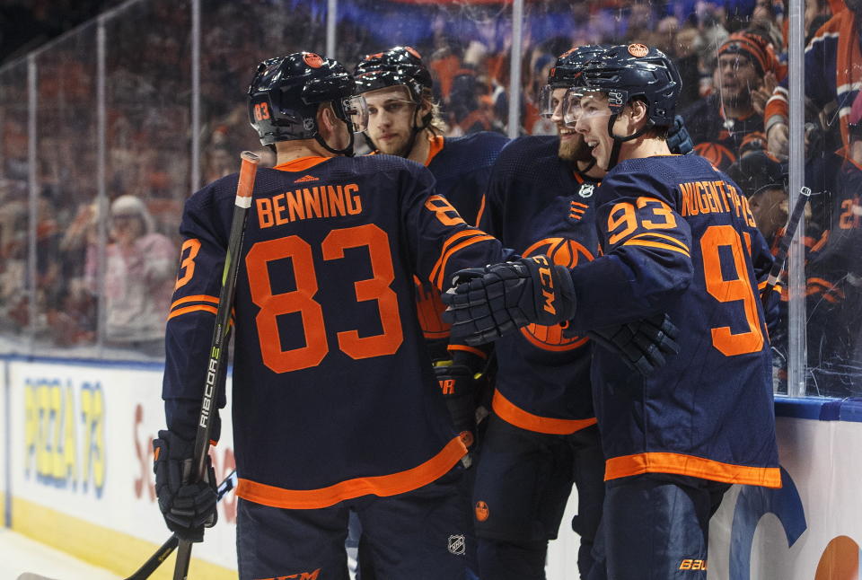 Edmonton Oilers celebrate a goal against the Minnesota Wild during the second period of an NHL hockey game Friday, Feb. 21, 2020, in Edmonton, Alberta. (Jason Franson/The Canadian Press via AP)