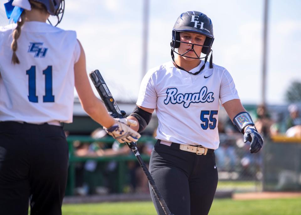 Eastern Hancock High School sophomore Sammie Bolding (55) returns to the team’s dugout after striking out during an IHSAA softball game against Pendleton Heights High School, Monday, May 16, 2022, at Pendleton Heights High School.