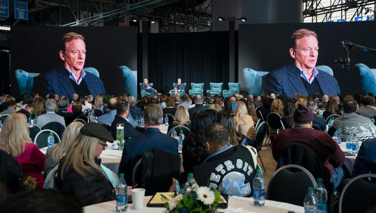 NFL Commissioner Roger Goodell speaks during an NFL Draft press preview on Wednesday, Jan. 17, 2024 at Ford Field in Detroit.