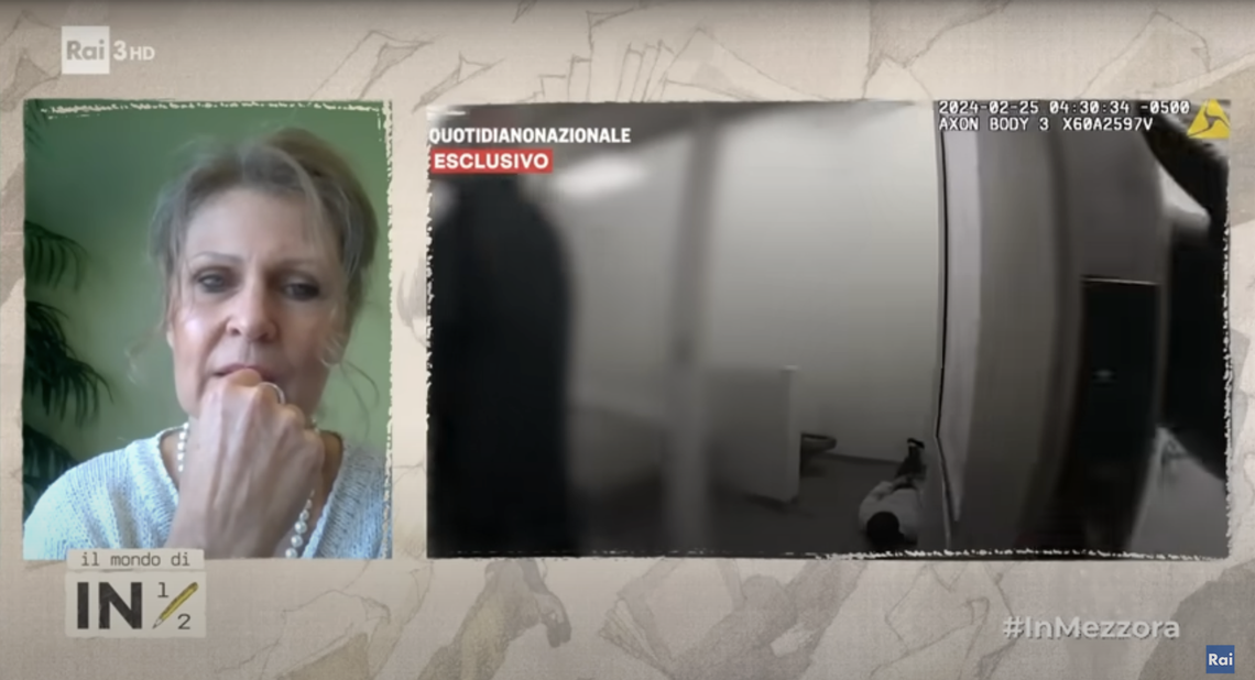 Vlasta Studenicova, the mother of Matteo Falcinelli, talks to Italian TV news channel Rai about her son’s arrest. Rai via YouTube