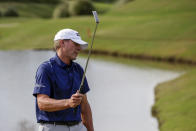 Steve Stricker reacts after missing his birdie putt to drop a stroke to Alex Cejka in a playoff during the final round of the Regions Tradition Champions Tour golf tournament Sunday, May 9, 2021, in Hoover, Ala. (AP Photo/Butch Dill)