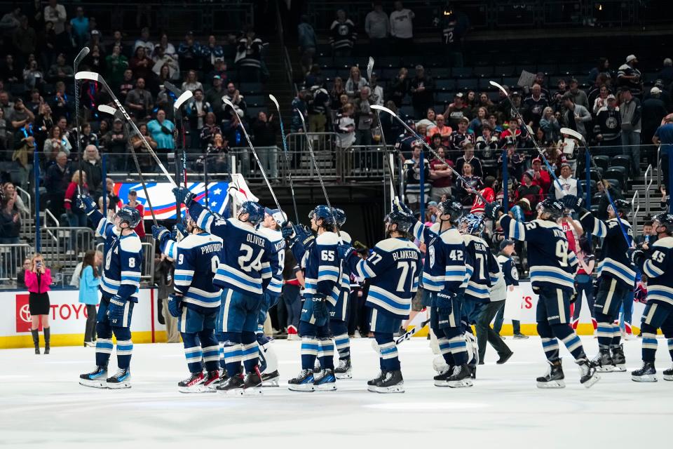 Apr 16, 2024; Columbus, Ohio, USA; The Columbus Blue Jackets salute the fans following the NHL hockey game against the Carolina Hurricanes at Nationwide Arena. The Blue Jackets won 6-3.