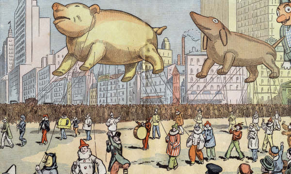 Thanskgiving parade on Broadway, New York, with balloon with animal shapes, illustration by Damblans from french paper 'Le Peler