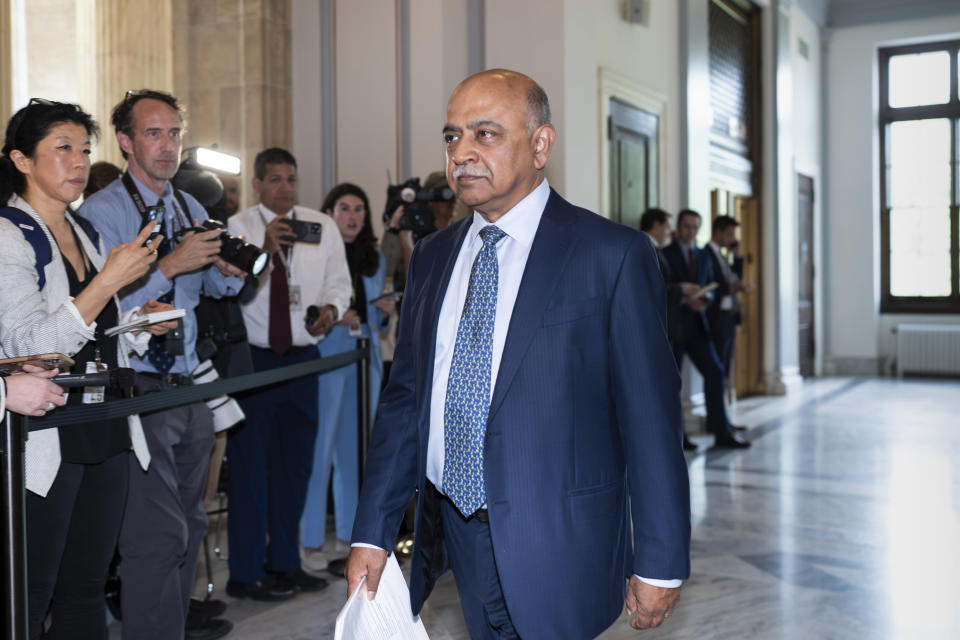 Arvind Krishna, CEO of IBM, arrives as Senate Majority Leader Chuck Schumer, D, N.Y., convenes a closed-door gathering of leading tech CEOs to discuss the priorities and risks surrounding artificial intelligence and how it should be regulated, at the Capitol in Washington, Wednesday, Sept. 13, 2023. (AP Photo/J. Scott Applewhite)