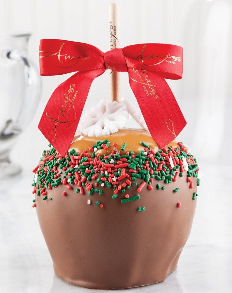A holiday snowflake caramel apple with Belgian milk chocolate is from Amy's Candy Kitchen. Online, it's $22.99.