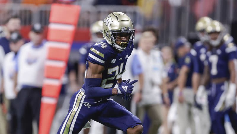 Georgia Tech’s Kenan Johnson (24) defends during the first half of an NCAA football game against Clemson on Monday, Sept. 5, 2022, in Atlanta. (AP Photo/Stew Milne)