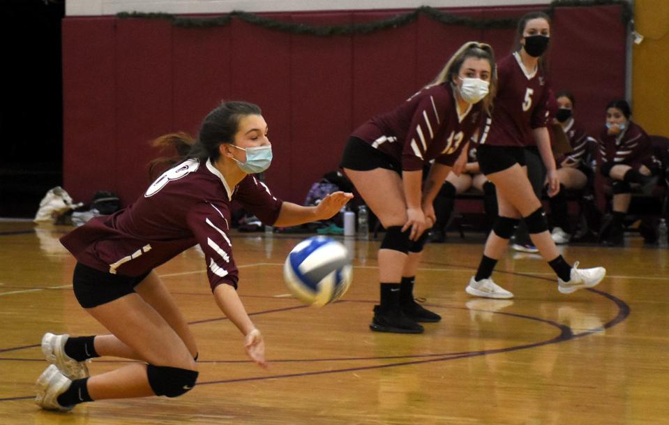 Carolyn Roser digs up a shot for Frankfort-Schuyler during a Dec. 6 match against the Little Falls Mounties.