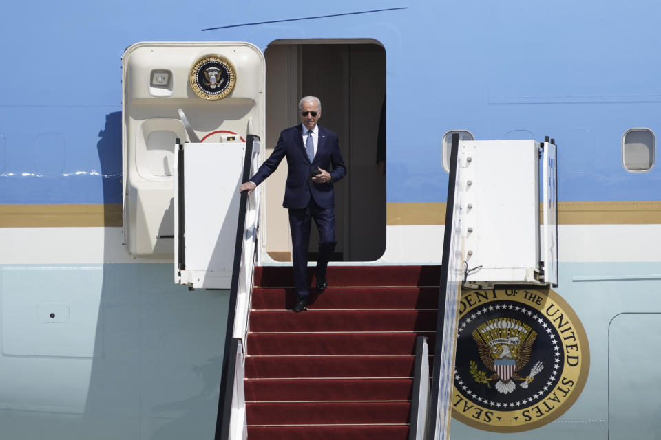 President Joe Biden walk down the steps of Air Force One upon his arrival at Ben Gurion International Airport near Tel Aviv, Israel Wednesday, July 13, 2022. Biden arrives in Israel on Wednesday for a three-day visit, his first as president. He will meet Israeli and Palestinian leaders before continuing on to Saudi Arabia. (AP Photo/Ariel Schalit)