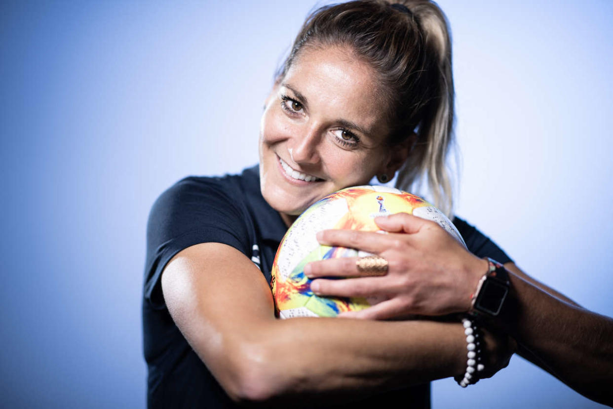 France's national football team defender Julie Debever poses during a photo session on May 15, 2019 in Clairefontaine en Yvelines. (Photo by FRANCK FIFE / AFP)