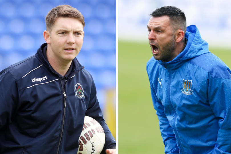 A picture of Institute boss Kevin Deery and Ballymena United manager Jim Ervin