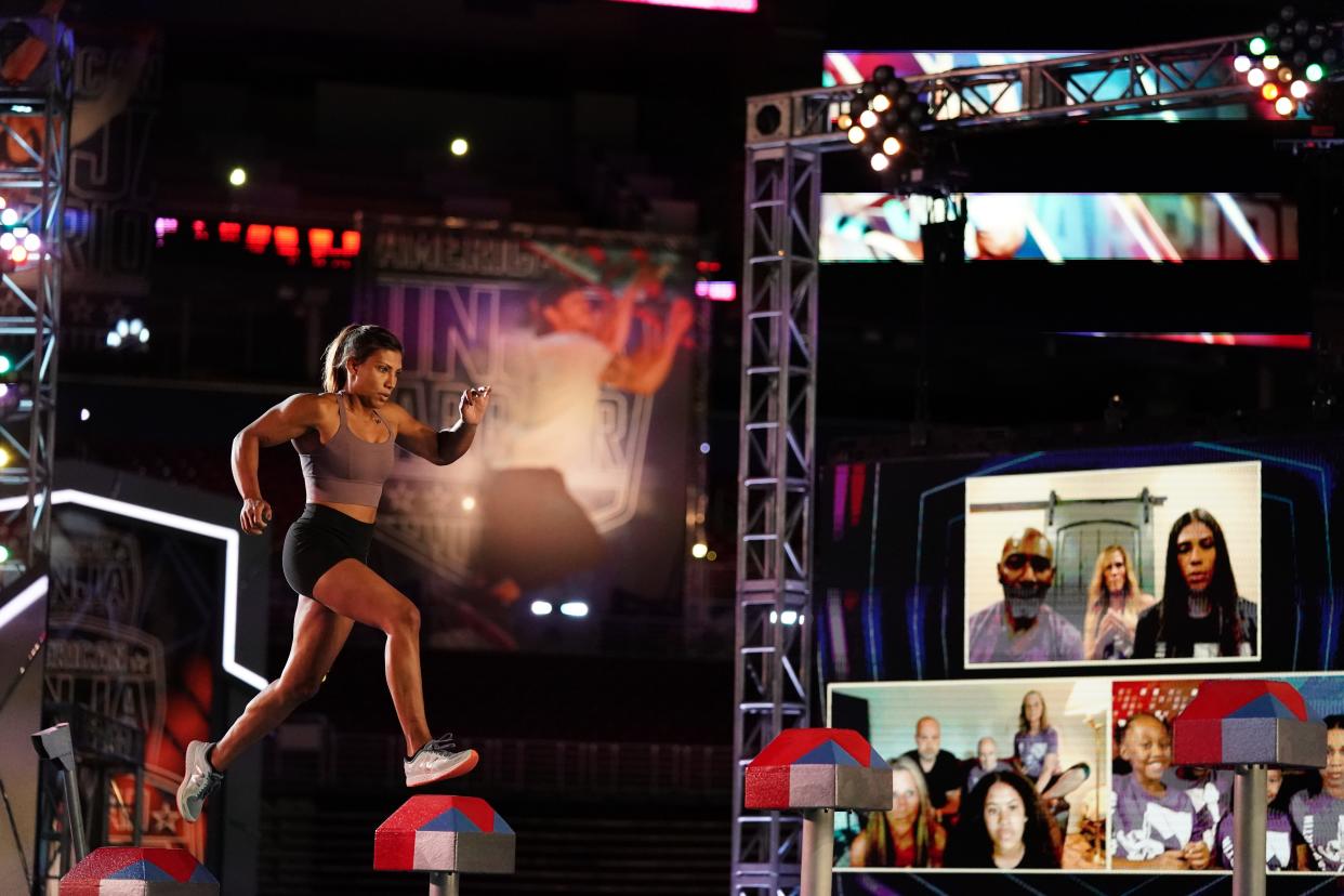 'American Ninja Warrior' competitor Meagan Martin takes on the indoor obstacle course in St. Louis as supporters cheer her on remotely.