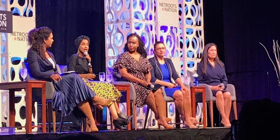 Reps. Ilhan Omar, Ayanna Pressley, Rashida Tlaib, and Deb Haaland spoke at Netroots Nation on Saturday.