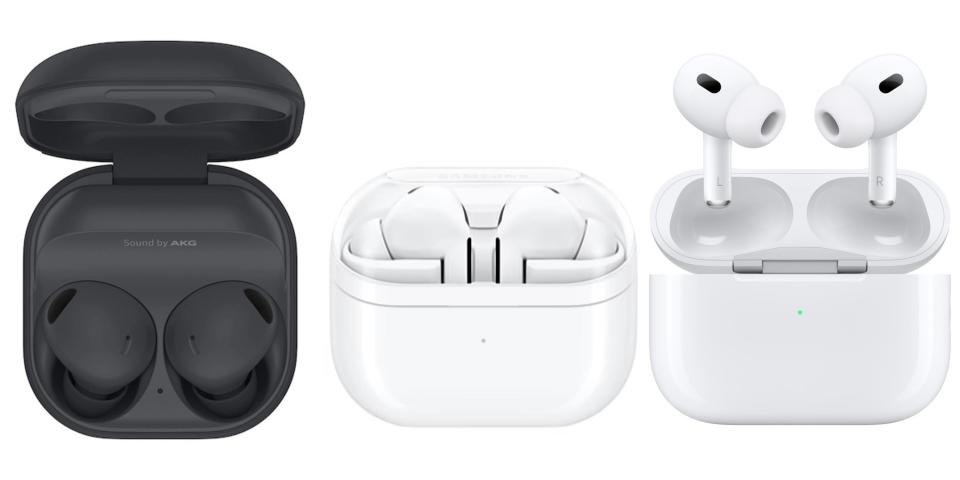 The Galaxy Buds 2 Pro (left), The Galaxy Buds 3 Pro (center), Apple AirPods Pro (right)