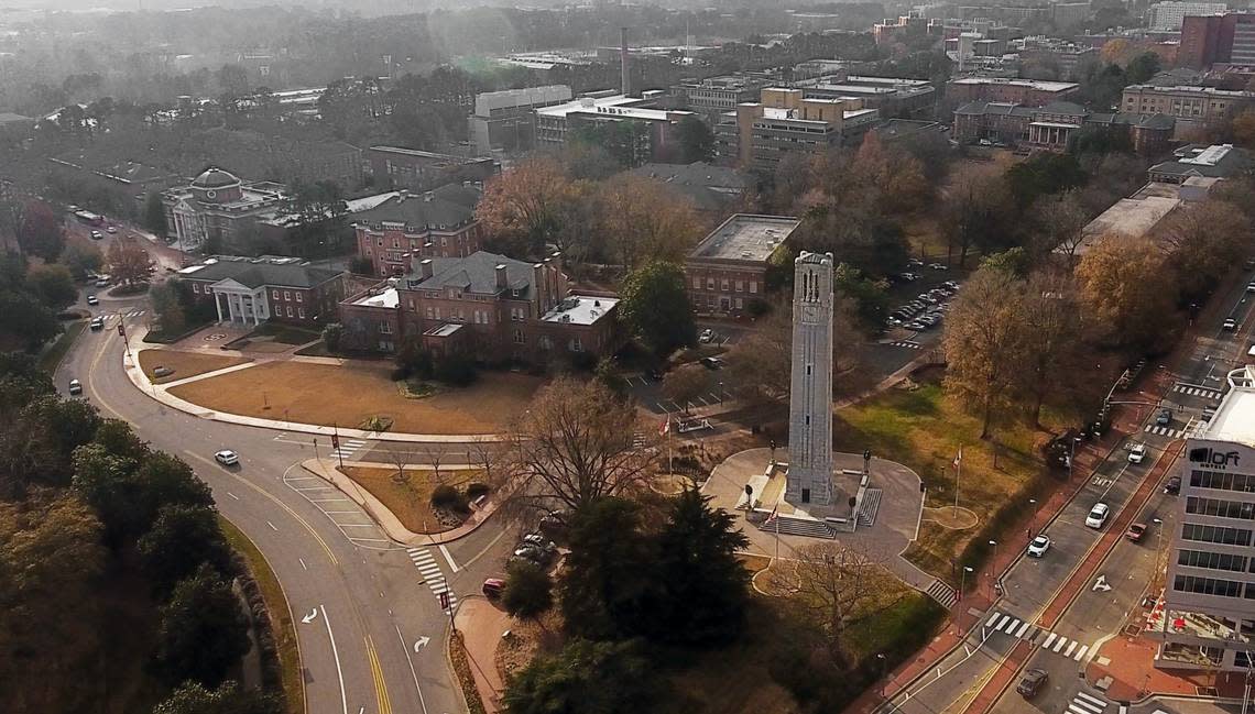 The N.C. State campus sprawls out behind the iconic bell tower on Hillsborough Street in Raleigh, N.C., Thursday, Dec. 14, 2017.