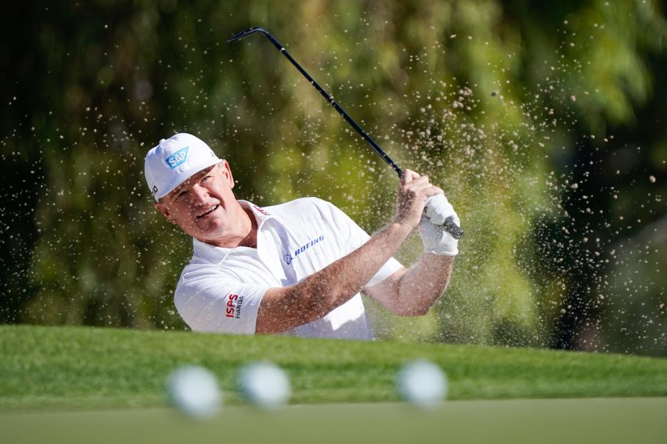 Nov 11, 2021; Phoenix, Arizona, USA; Ernie Els warms up on the practice range during the first round of the Charles Schwab Cup Championship golf tournament at Phoenix Country Club. Mandatory Credit: Allan Henry-USA TODAY Sports