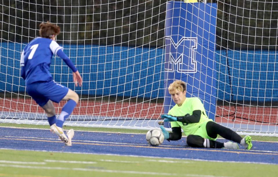 Haldane's Clem Grossman crashes the net during a 1-0 win over Maple Hill in the New York State Class C Soccer Championship at Middletown High School Nov. 13, 2022.
