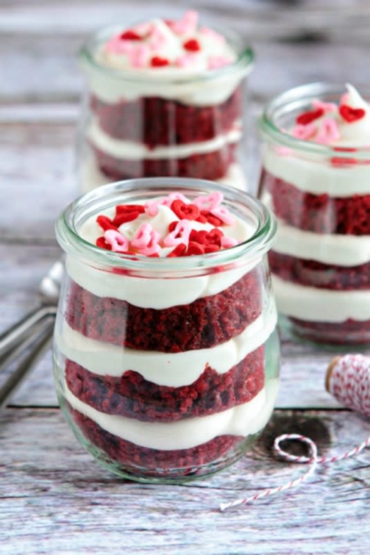 <p>My Baking Addiction</p><p>Instead of making a traditional cake or cupcakes, jazz up this sweet treat by layering slices of cupcake with cream cheese frosting.</p><p><strong>Get the recipe: <a href="https://www.mybakingaddiction.com/red-velvet-cupcakes-in-a-jar/" rel="nofollow noopener" target="_blank" data-ylk="slk:Red Velvet Cupcakes in a Jar;elm:context_link;itc:0;sec:content-canvas" class="link ">Red Velvet Cupcakes in a Jar</a></strong></p>