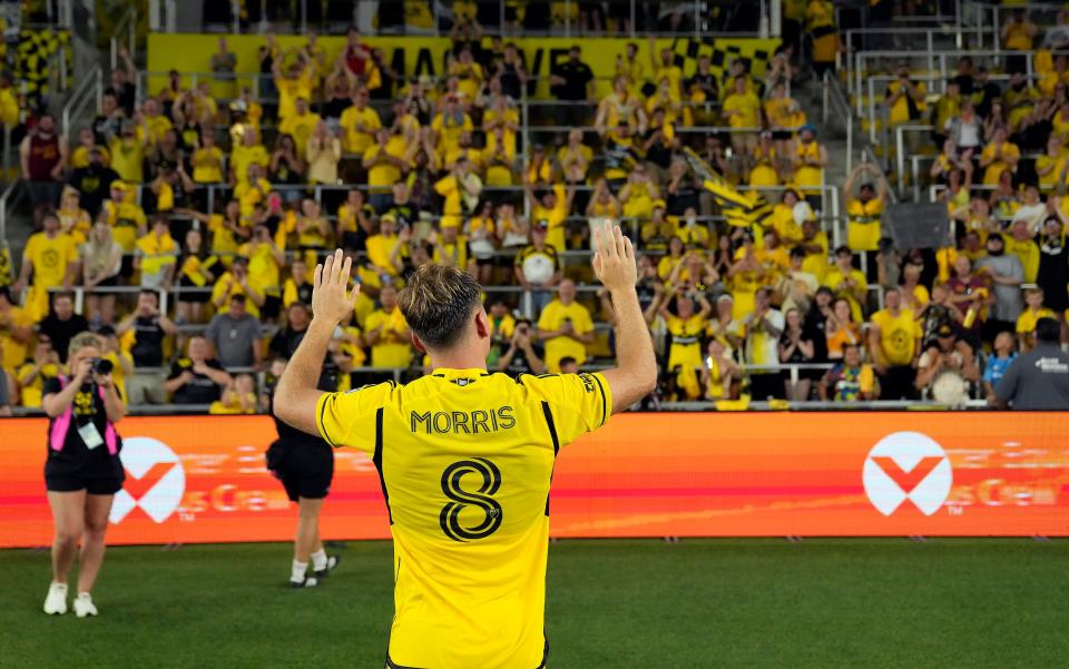 Jun 22, 2024; Columbus, OH, USA; Columbus Crew midfielder Aidan Morris (8) waves goodbye to the Crew fans after beating Sporting KC 4-0 during their MLS game at Lower.com Field.