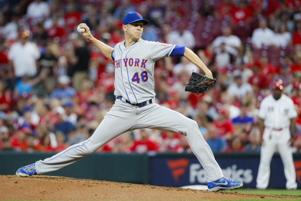 New York Mets starting pitcher Jacob deGrom throws in the second inning of a baseball game against the Cincinnati Reds, Friday, Sept. 20, 2019, in Cincinnati. (AP Photo/John Minchillo)