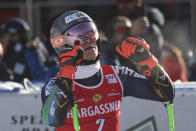 Norway's Lucas Braathen reacts after winning an alpine ski, men's World Cup giant slalom, in Alta Badia, Italy, Sunday, Dec. 18, 2022. (AP Photo/Alessandro Trovati)