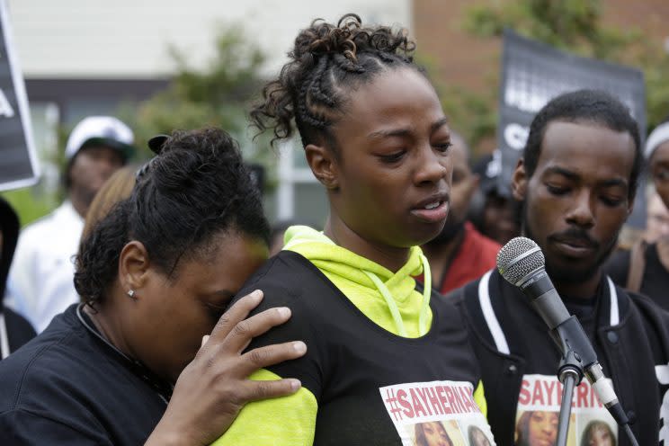 Monika Williams, center, after her sister, Charleena Lyles, was shot and killed by Seattle police.