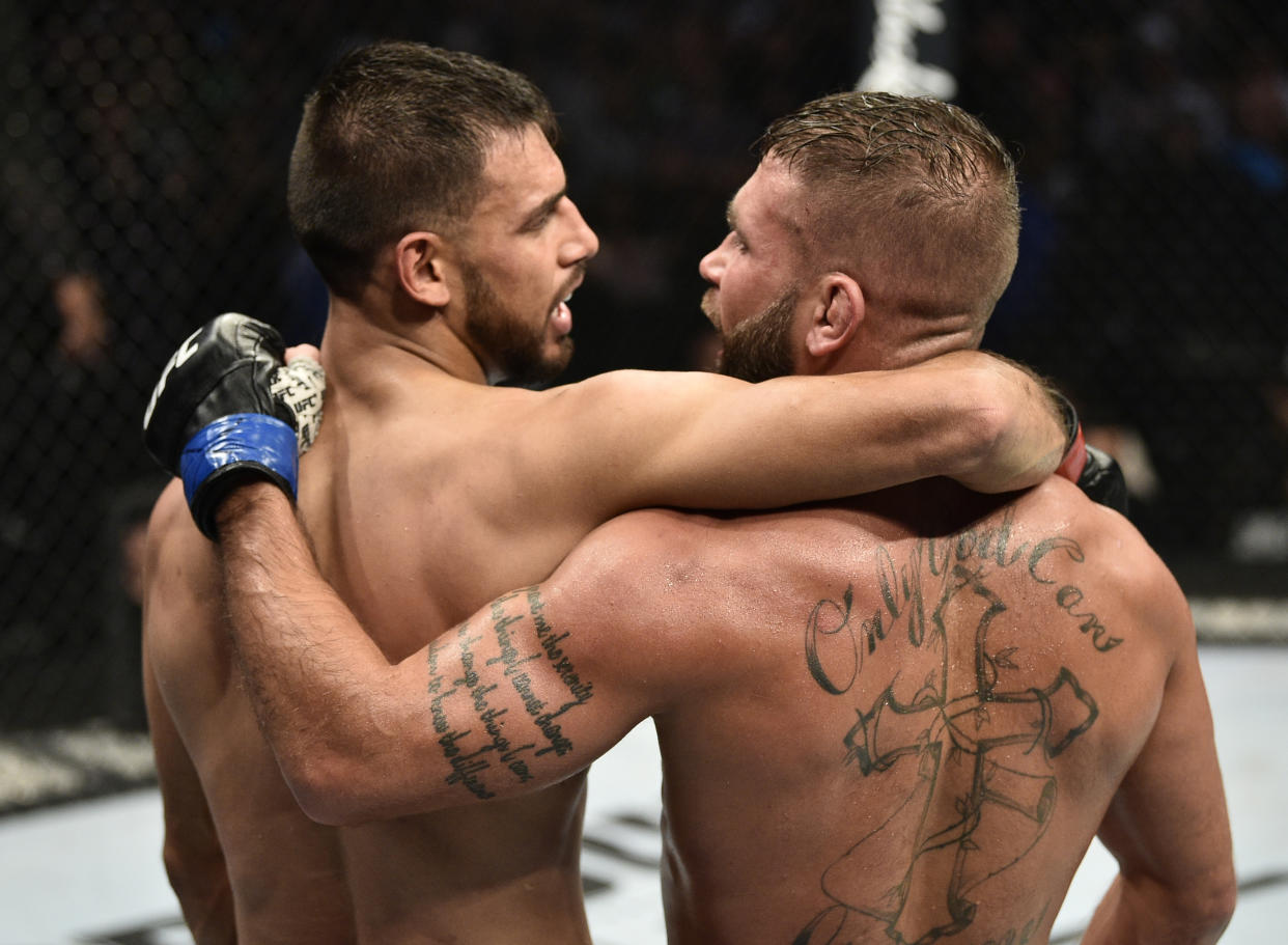 BOSTON, MASSACHUSETTS - OCTOBER 18:  (R-L) Jeremy Stephens and Yair Rodriguez talk after the conclusion of their featherweight bout during the UFC Fight Night event at TD Garden on October 18, 2019 in Boston, Massachusetts. (Photo by Chris Unger/Zuffa LLC via Getty Images)