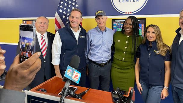 PHOTO: RNC chairwoman Ronna McDaniels, Republican Sen. Rick Scott and North Carolina GOP senate candidate Rep. Ted Budd take photos at a local campaign event in Greensboro, N.C. (ABC News)