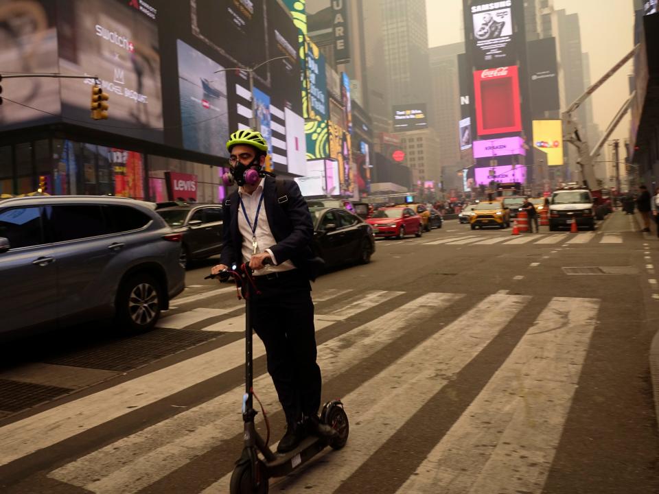 A person wearing a mask in New York City on June 7, 2023.