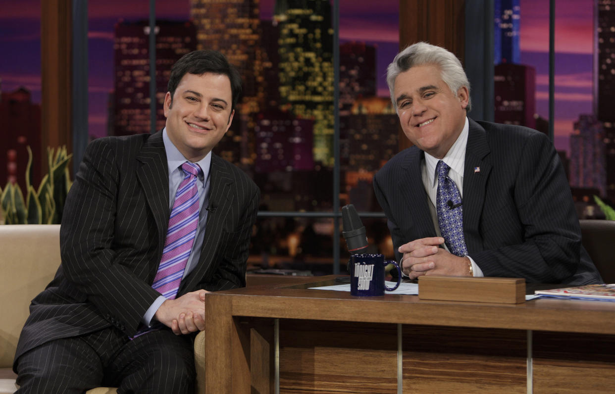 THE TONIGHT SHOW WITH JAY LENO -- Air Date 1/10/08 -- Episode 3473 -- Pictured: (l-r) Talk show host Jimmy Kimmel during an interview with host Jay Leno on January 10, 2008  (Photo by Paul Drinkwater/NBCU Photo Bank/NBCUniversal via Getty Images via Getty Images)