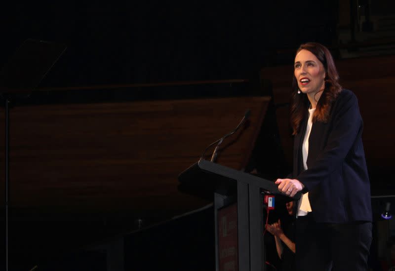 Prime Minister Jacinda Ardern addresses her supporters at a Labour Party event in Wellington