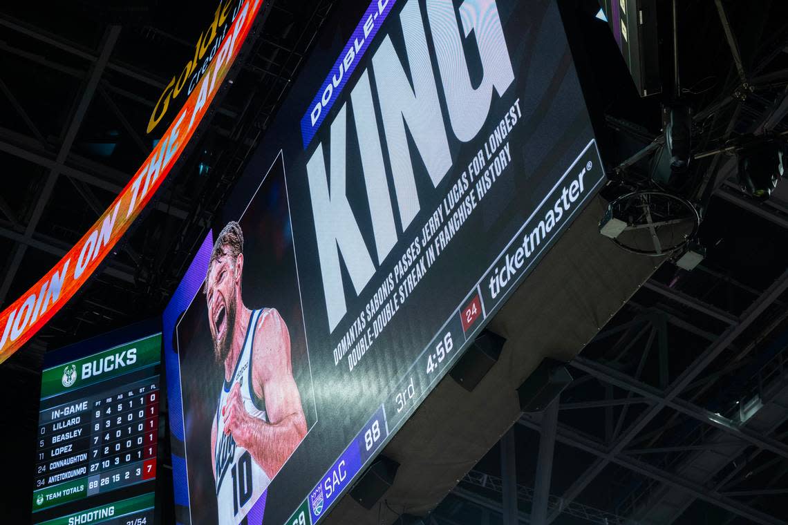 Sacramento Kings forward Domantas Sabonis (10) set a team record for consecutive double-doubles at Golden 1 Center on Tuesday.