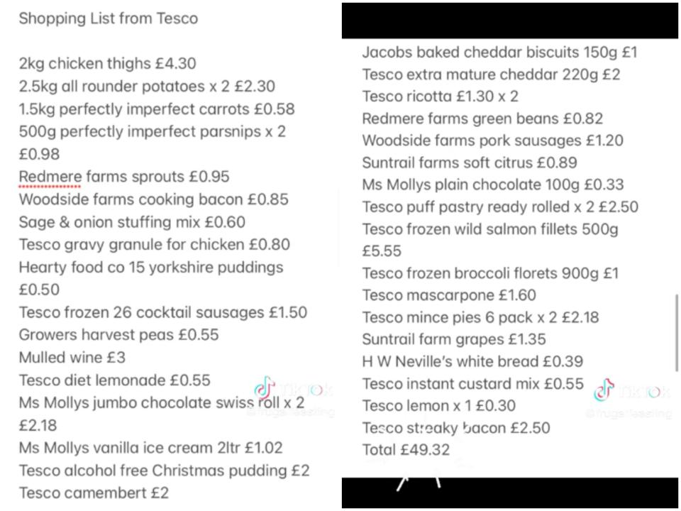 The shopping list total comes to £49.32. (TikTok/@frugalfeasting)