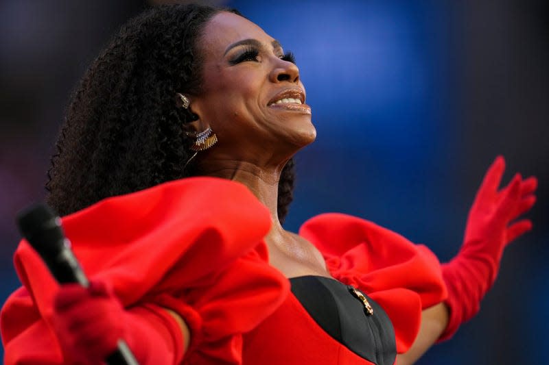 GLENDALE, AZ - FEBRUARY 12: Sheryl Lee Ralph performs prior to Super Bowl LVII between the Kansas City Chiefs and the Philadelphia Eagles at State Farm Stadium on February 12, 2023 in Glendale, Arizona.