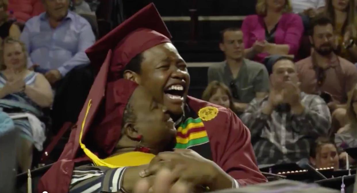 Mother Sharonda Wilson skipped her own college graduation ceremony to attend that of her son Stephan. But the family was able to graduate together, in a surprising twist. (Screenshot: Twitter/@CMUniversity) 