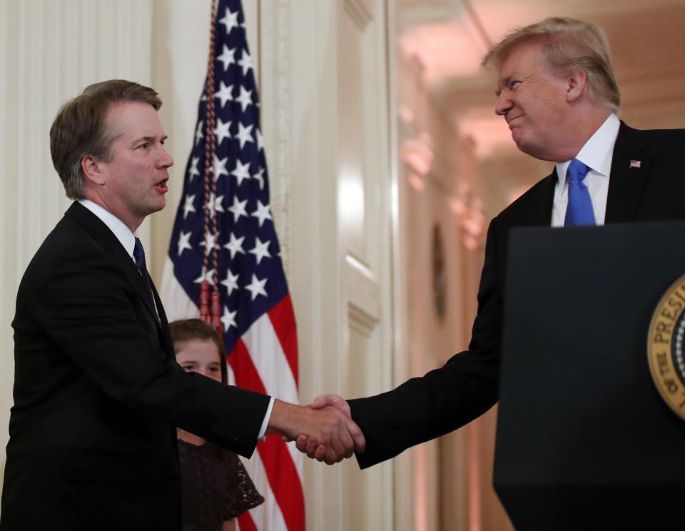 President Trump shakes hands with then Supreme Court nominee Brett Kavanaugh in the East Room of the White House on July 9, 2018. (Photo: Alex Brandon/AP)