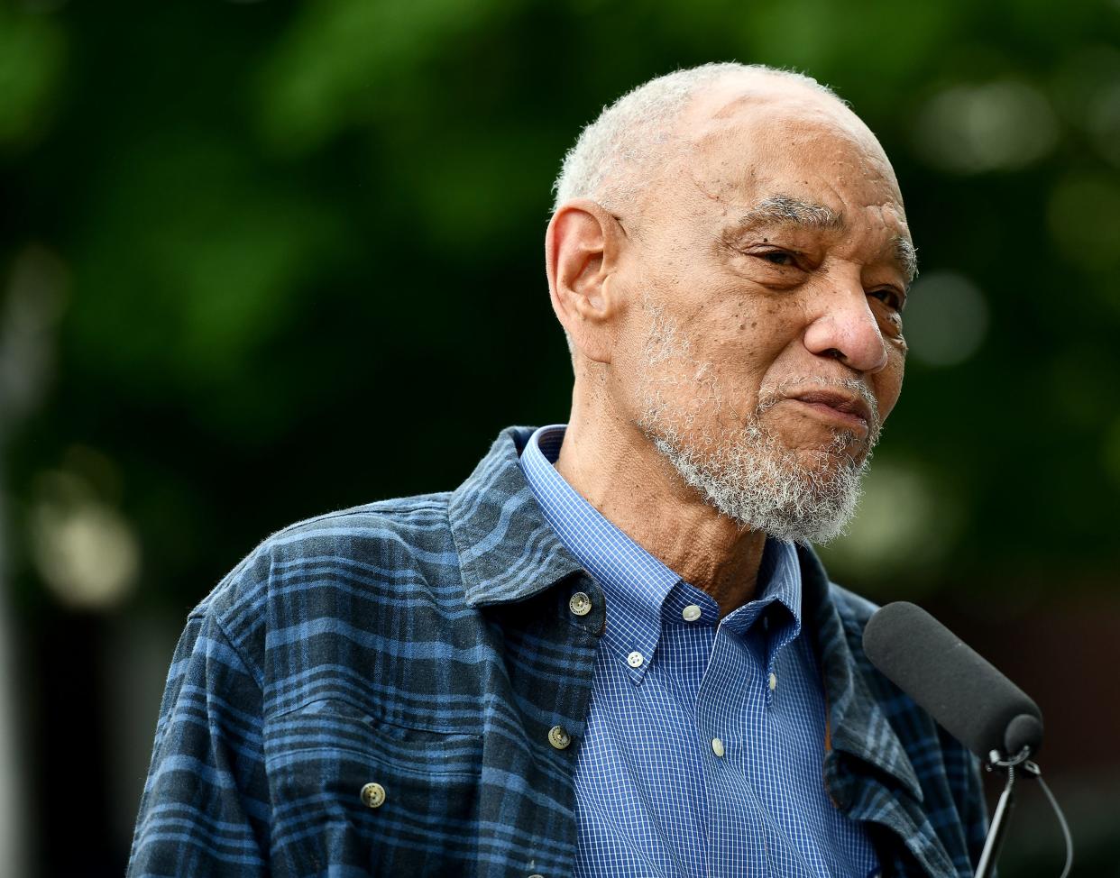 Thomas L. Doughton, senior lecturer at the Center for Interdisciplinary Studies at the College of the Holy Cross, who helped create historical markers and digital materials for Worcester’s “Black History Trail,” died Saturday at his home in Worcester. He is pictured here in June 2022 during the unveiling ceremony for the first of five markers unveiled for the Worcester Black History Trail at the corner of John and North Ashland streets.