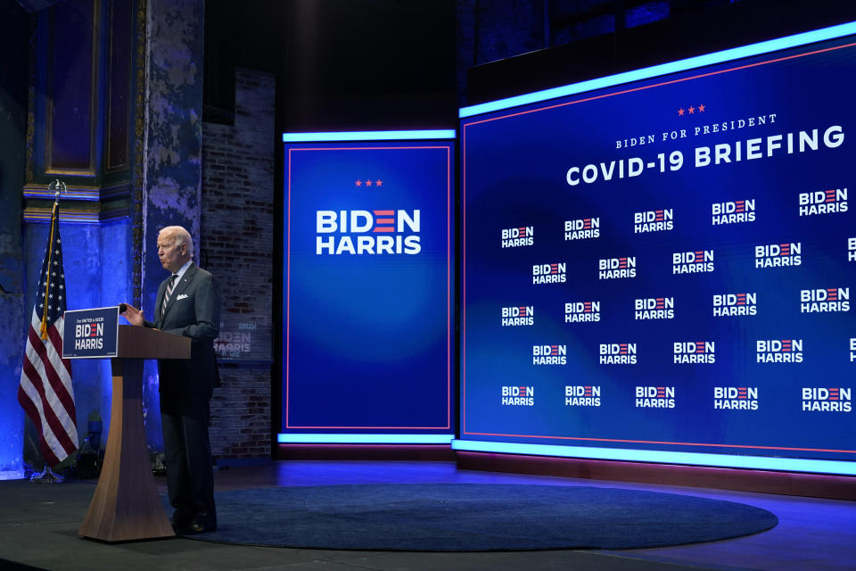 Democratic presidential candidate former Vice President Joe Biden speaks after participating in a coronavirus vaccine briefing with public health experts, Wednesday, Sept. 16, 2020, in Wilmington, Del. (AP Photo/Patrick Semansky)