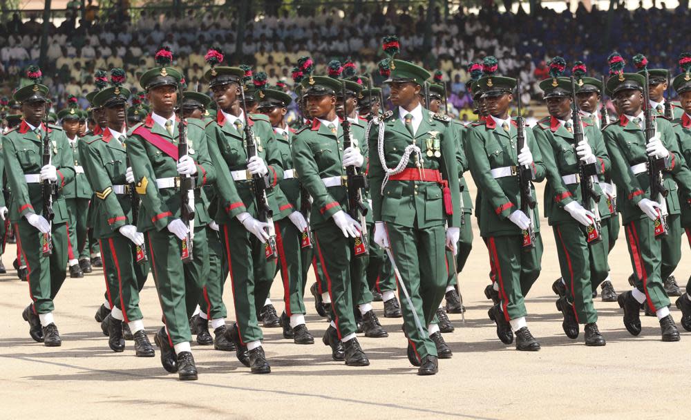 Nigerian soldiers march during 62nd anniversary celebrations of Nigerian independence, in Abuja, Nigeria, Oct. 1, 2022. (AP Photo/Emmanuel Osodi, File)