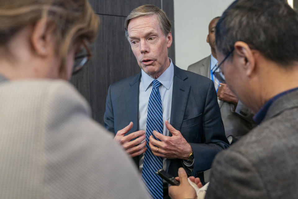 Nick Burns, U.S. Ambassador to China, answers questions from attendees of his speech at the Brookings Institution, where he spoke about U.S.-China relations Friday, Dec. 15, 2023, in Washington. (AP Photo/Jacquelyn Martin)