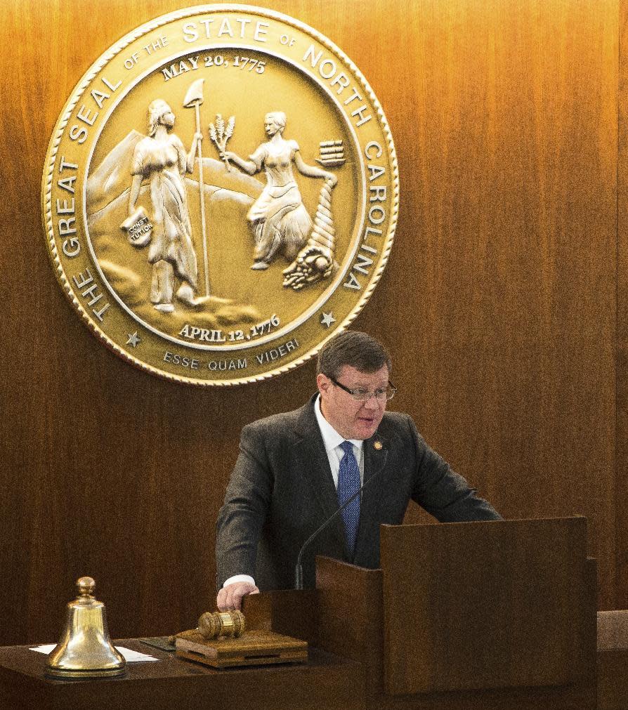 North Carolina Speaker of the House Tim Moore speaks during a special session of the North Carolina General Assembly in Raleigh, N.C., Wednesday, Dec. 21, 2016. North Carolina's legislature is reconvening to see if enough lawmakers are willing to repeal a 9-month-old law that limited LGBT rights, including which bathrooms transgender people can use in public schools and government buildings. (AP Photo/Ben McKeown)