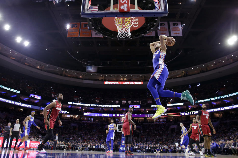 Philadelphia 76ers' Ben Simmons goes up for a dunk during the first half of the team's NBA basketball game against the Miami Heat, Thursday, Feb. 21, 2019, in Philadelphia. (AP Photo/Matt Slocum)