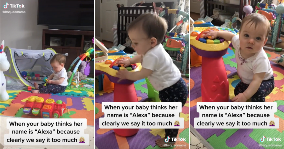 Three images of baby Haley playing on the floor from TikTok video in which she responds to the Amazon Alexa command