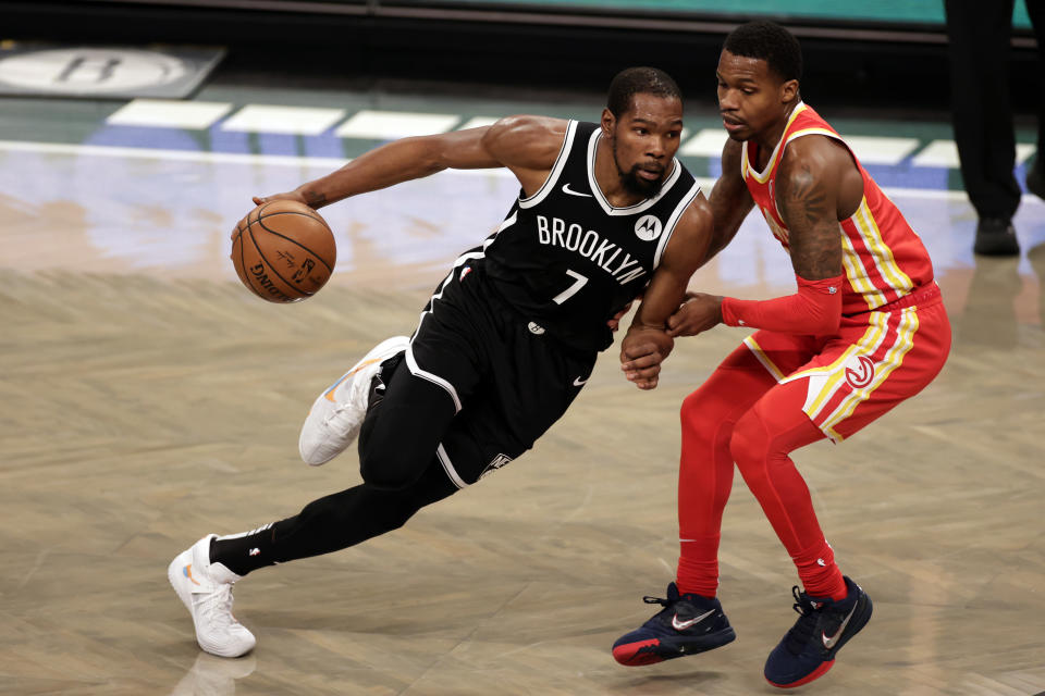 Brooklyn Nets forward Kevin Durant (7) in action during an NBA basketball game against the Atlanta Hawks, Friday, Jan. 1, 2021, in New York. The Hawks won 114-96. (AP Photo/Adam Hunger)