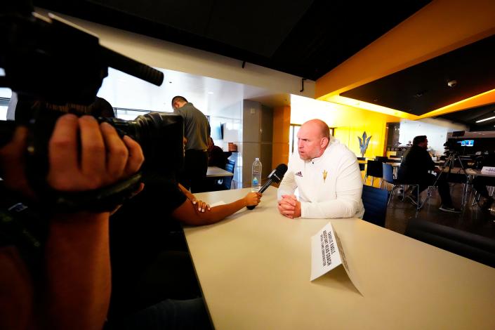 Arizona State assistant football coach and special teams coordinator Charlie Ragle talks to the media at the Carson Student-Athlete Center in Tempe on Feb. 2, 2023.