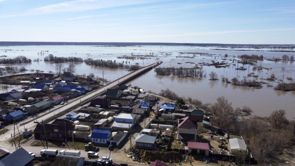 An aerial view of a flooded area in Ishim, Tyumen region, 1968 km (1230 miles) east of Moscow, Russia, on Monday, April 22, 2024. The situation with floods in Russia's Tyumen Region remains tense, with the level of water in the Ishim River having exceeded 10.5 meters. (AP Photo/Sergei Rusanov)