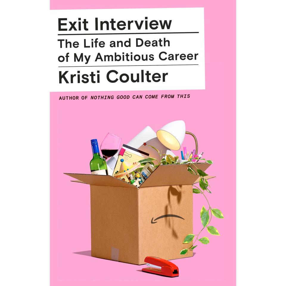 The cover of the book is a box of office move-out stuff with a bottle of wine. 