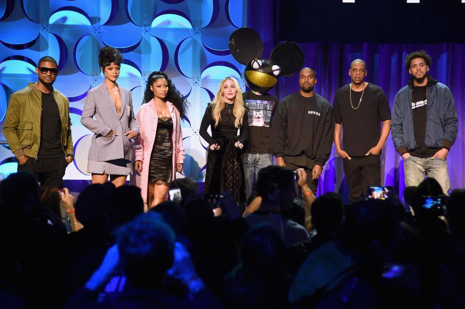 Usher, Rihanna, Nicki Minaj, Madonna, Deadmau5, Kanye West and J. Cole gathered onstage with Carter as he unveiled his new music streaming service, Tidal, at Skylight at Moynihan Station on March 30, 2015, in N.Y.C.