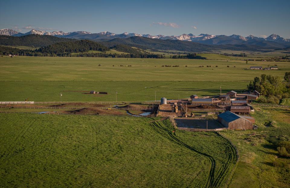 Green fields, mountains in background, buildings in foreground