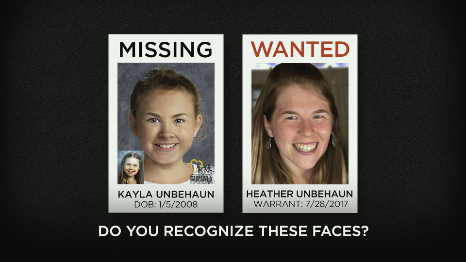 Photos of Kayla Unbehaun and her mother, Heather Unbehaun. The images were shown at the end of volume 3, episode 9 of Netflix's "Unsolved Mysteries" series. Kayla was abducted in July 2017 and found safe in May 2023. The person who spotted her told police they recognized her from the show.