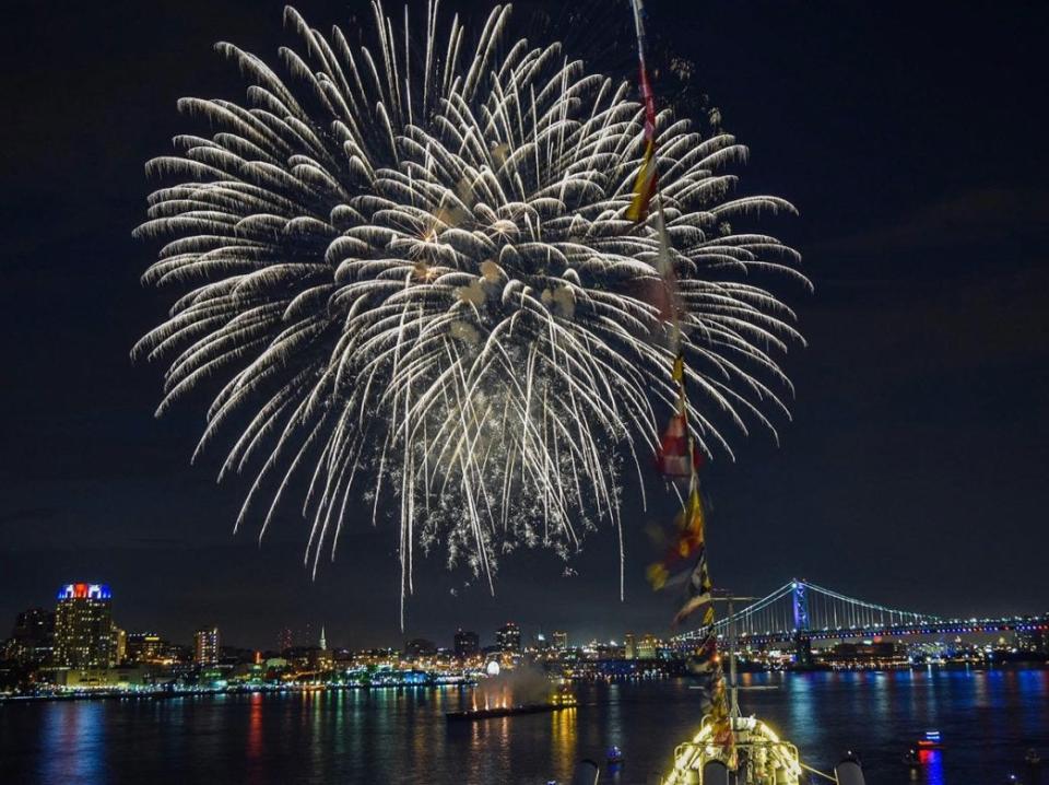 Fireworks from the deck of the Battleship New Jersey.